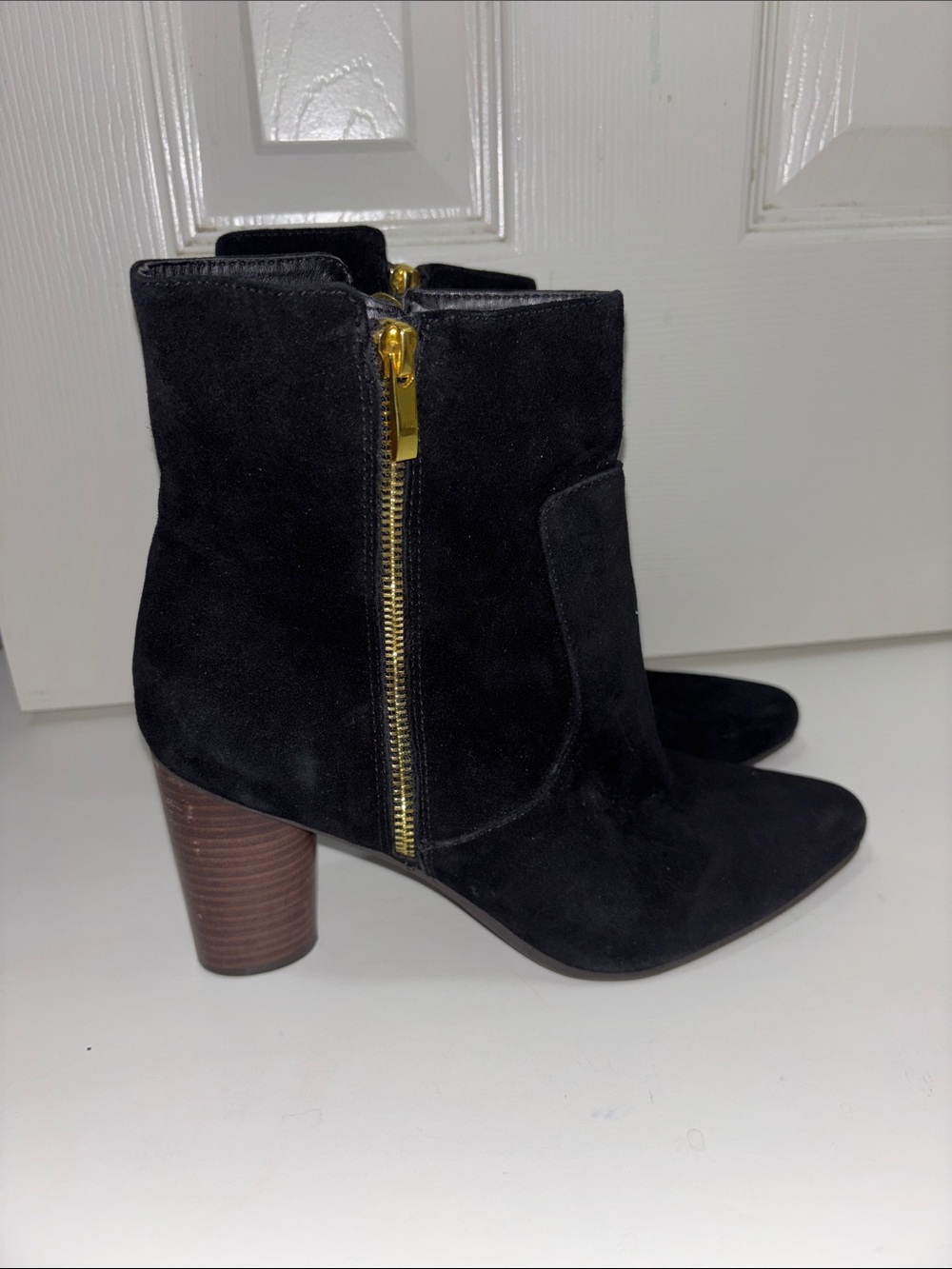 AEROSOLES Black Suede Ankle Booties with Gold Zip